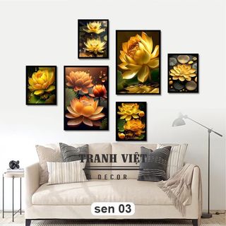 Set tranh decor Hoa Sen tranh dán tường trang trí phòng khách phòng thờ, tranh phật giáo, tranh treo tường sẵn keo dán