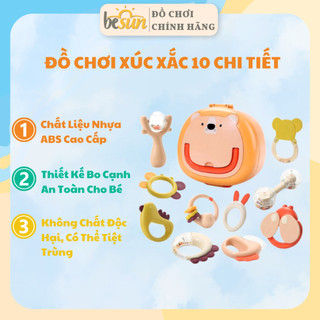 Bộ xúc sắc gặm nướu lục lạc cho bé BESUN bằng Silicon cao cấp an toàn có hộp đựng 13 chi tiết