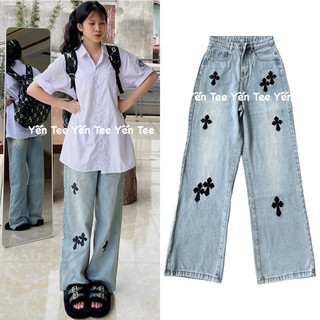 Quần jeans xuông thêu chữ thập đen Yến Tee, quần jeans nữ, quần đi du lịch