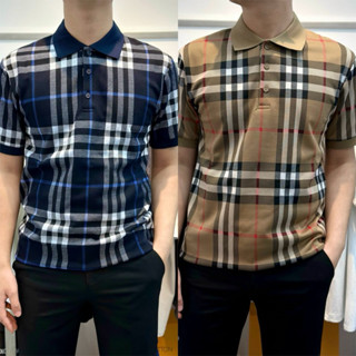 Áo Polo Nam Nữ Cổ Bẻ BBR Vải Dệt Hoạ Tiết Kẻ Sọc Caro Hai Màu Be/ Than Bo Ống Dày Dặn Sang Trọng