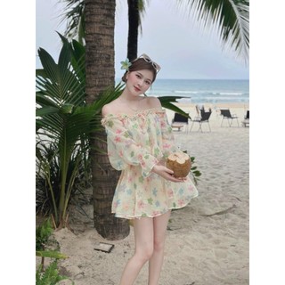 Váy trễ vai chun bèo dễ thương Đầm hoa nhí ĐI BIỂN tay phồng xinh xắn phù hợp đi chơi dự tiệc