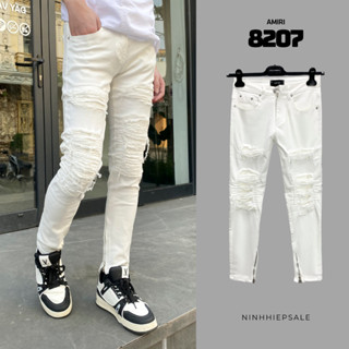 Quần jeans nam Amiri trắng mài gối dáng côn chất denim co dãn, quần bò nam Amiri trắng hàng quảng châu vá gối 8207