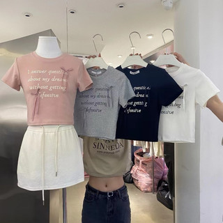 Áo babytee dáng ngắn croptop in chữ đính nơ