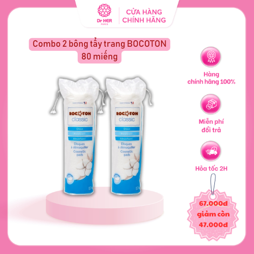 Combo 2 Bông tẩy trang BOCOTON 80 miếng mềm mịn, dùng cho mọi loại da, thấm hút nhanh