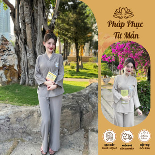 Bộ phật tử nữ đi chùa thêu hoa sen Áo tràng phật tử cổ vạt chéo thêu hoa Pháp phục đi chùa nữ lụa mềm mịn, trang nghiêm