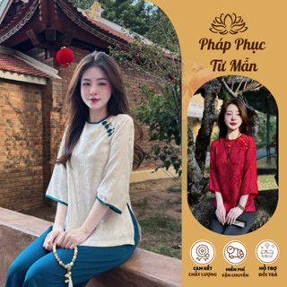 Bộ đồ đi chùa nữ cổ tròn chữ Thọ lụa tằm Pháp phục lễ chùa khuy tết đính ngọc Đồ lam nữ cách tân tay lỡ Thanh lịch