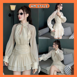 Đầm tiểu thư dài tay cổ bèo cúc bọc phối dây nơ, váy đầm nữ dự tiệc kiểu dáng nhún eo xoè tầng chất voan xốp HV150