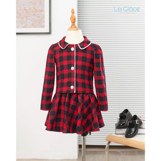 Set áo chân váy dạ bé gái kẻ caro Cherry - La Glace