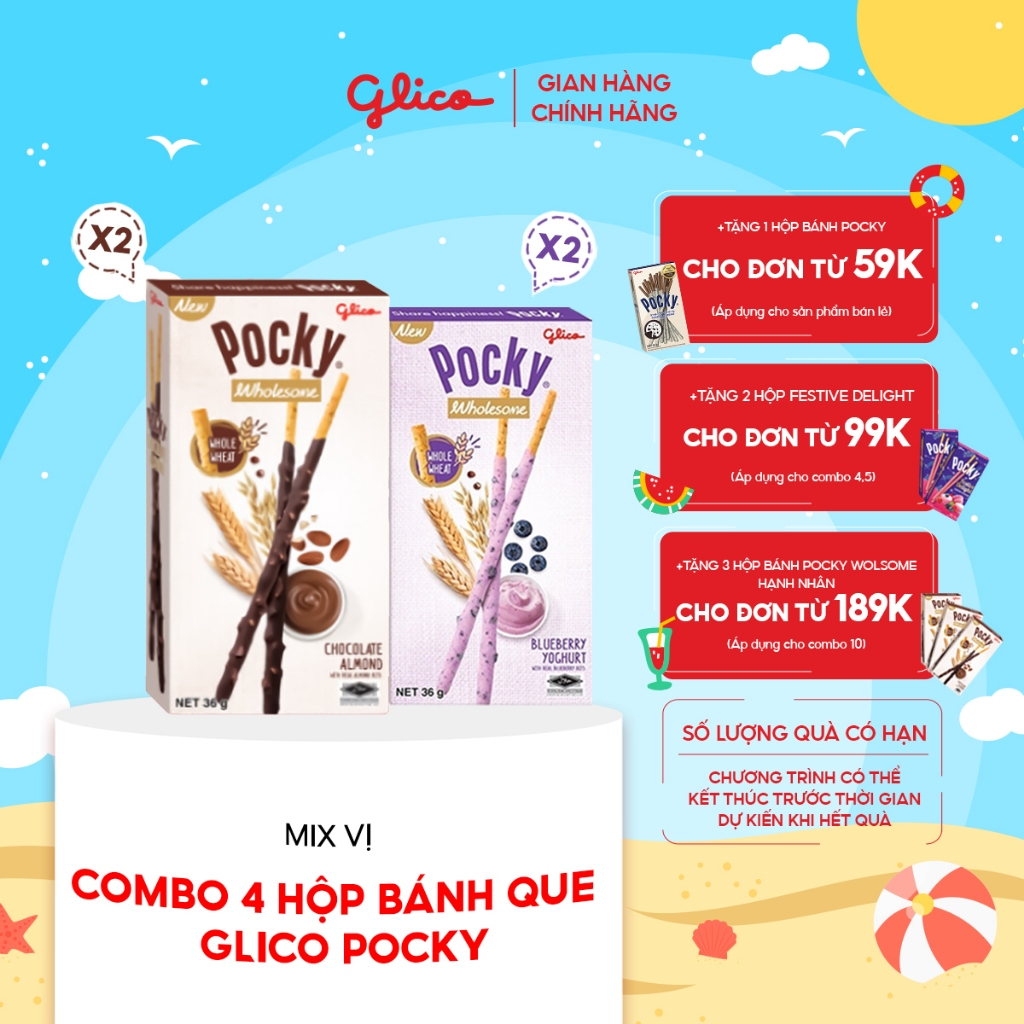 Combo 4 hộp Bánh que Glico Pocky Wholesome mix vị (2 Sữa chua Việt quất - 2 Socola Hạnh nhân) 36gr