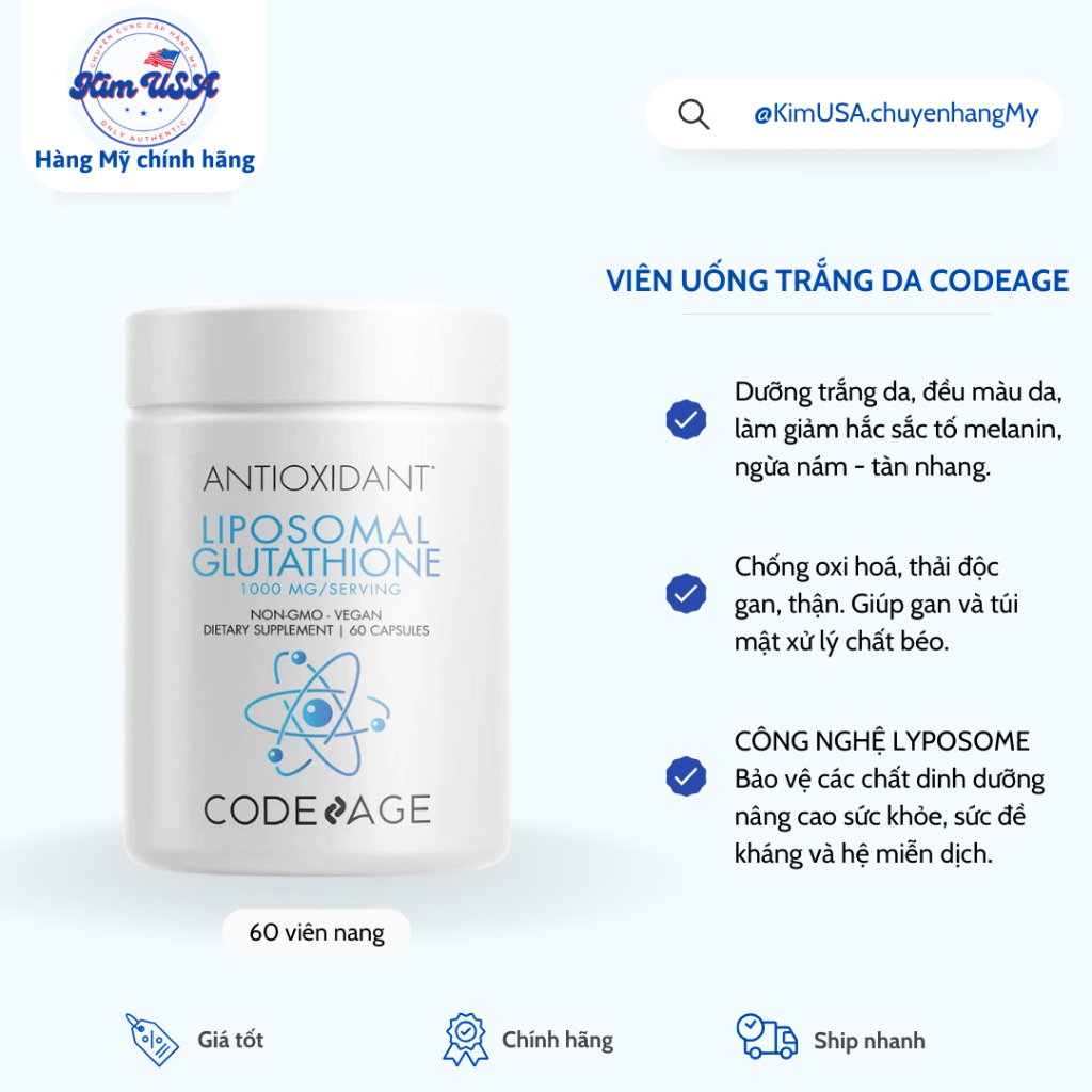 [Hàng Mỹ] Viên uống trắng da CODEAGE Liposomal Glutathione, mờ nám 1000mg