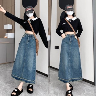 Chân Váy jean Dài Cạp Cao Dáng Dài Tua Rua BigSize 55-90kg Rẻ Đẹp Xẻ Sau Phom Chữ A  Dài 80cm 0028