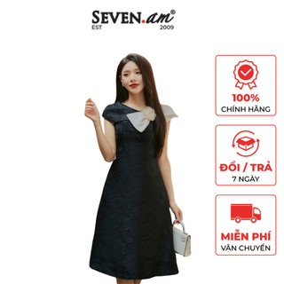 Đầm xòe dự tiệc thiết kế đen phối nơ be Seven.AM H633381D