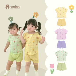 Bộ Quần Áo Cộc Tay Viền Bèo In Hoa Cho Bé Gái Embes Chất Liệu Cotton Mềm Mịn Từ 9kg Đến 21kg