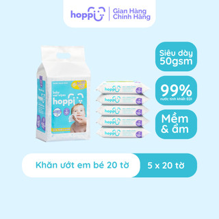 Khăn ướt cho bé Hoppi combo 5 gói trong 1 túi không cồn không mùi