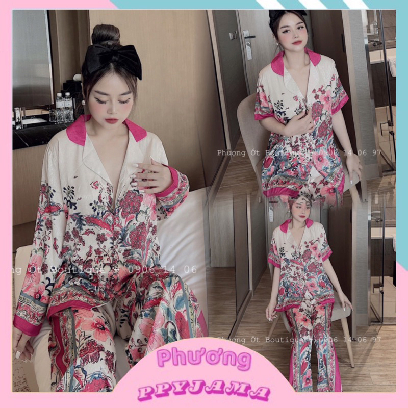 [LỤA XƯỚC] Đồ Bộ Pijama Hoa Đỏ Thiết Kế