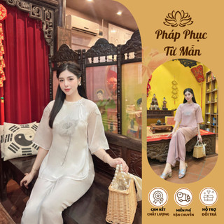 Đồ bộ đi chùa lụa voan thêu hoa sen Pháp phục nữ cách tân Bộ đi lễ cao cấp lụa mềm mịn duyên dáng