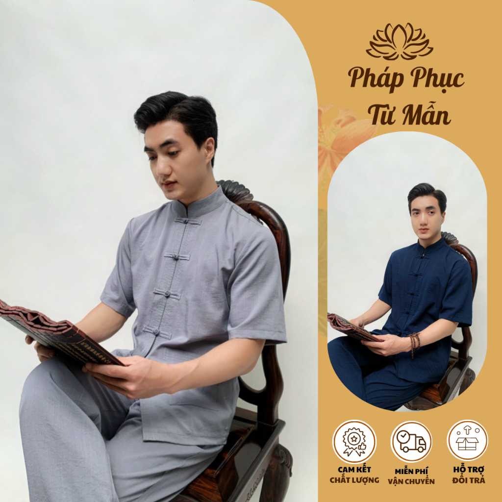 Bộ đồ lam đi chùa cho nam cộc tay vải đũi cao cấp, Pháp phục nam đi chùa sang trọng Đồ bộ phật tử ch