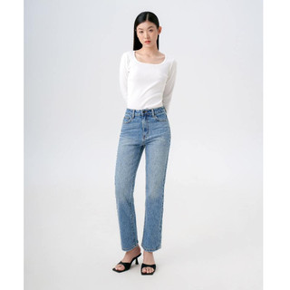 Quần Jeans Nữ HASHTAGEM High Rise Straight Jeans HSJ.5 Ống Đứng, Lưng Cao, Màu Xanh Sáng Tao Nhã