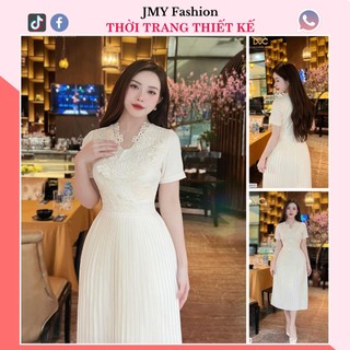 V4530 Váy kem xòe xếp ly cổ V phối ren sang chảnh [Dolce Viva Colection (DVC)] váy xòe kem thiết kế dập ly công sở
