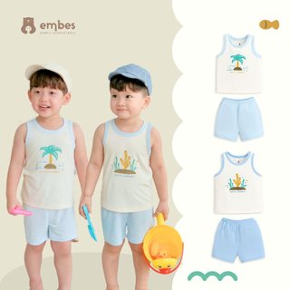 Bộ Ba Lỗ Phối Viền Cho Bé Trai Embes In Họa Tiết Cây Dừa, Sanho, Chất Cotton Thoáng Mát Từ 8kg Đến 19kg