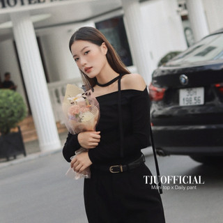 Áo trễ vai dài tay thun co giãn, kèm dây cách điệu MANI TOP