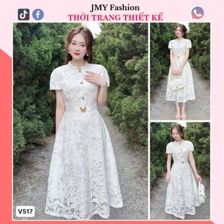 V517 Váy đầm ren trắng dáng xòe dài thiết kế dự tiệc váy trắng choàng vai dáng xòe dài tiểu thư