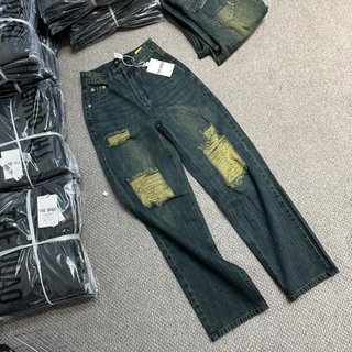 Quần Jean Nữ THE QUAO Lưng Cao Ống Suông Baggy Rách Gối Màu Rêu R1604_418
