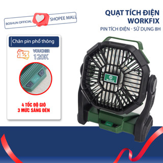 Quạt tích điện Workfix dùng liên tục 8h - có đèn Led sáng, thích hợp đi picnic, Quay góc 120 Độ