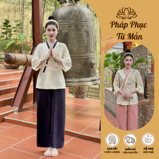 Set bộ lam đi chùa vạt chéo thêu hoa đào vải đũi thái Pháp phục đi chùa tay lỡ phối viền Đồ bộ đi lễ cách tân Thanh lịch