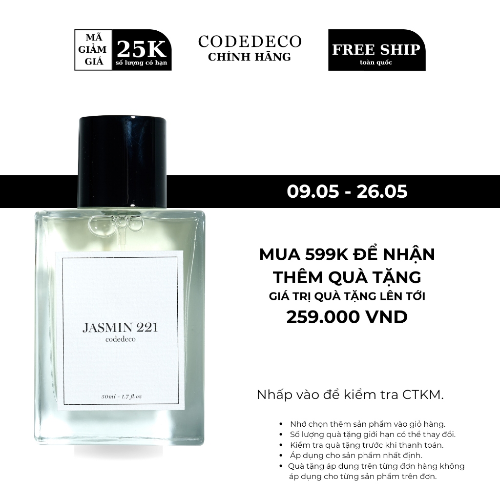 Tinh dầu thơm CODEDECO Jasmin 221, Quý Phái, Sang Trọng, Nữ Tính 50ml
