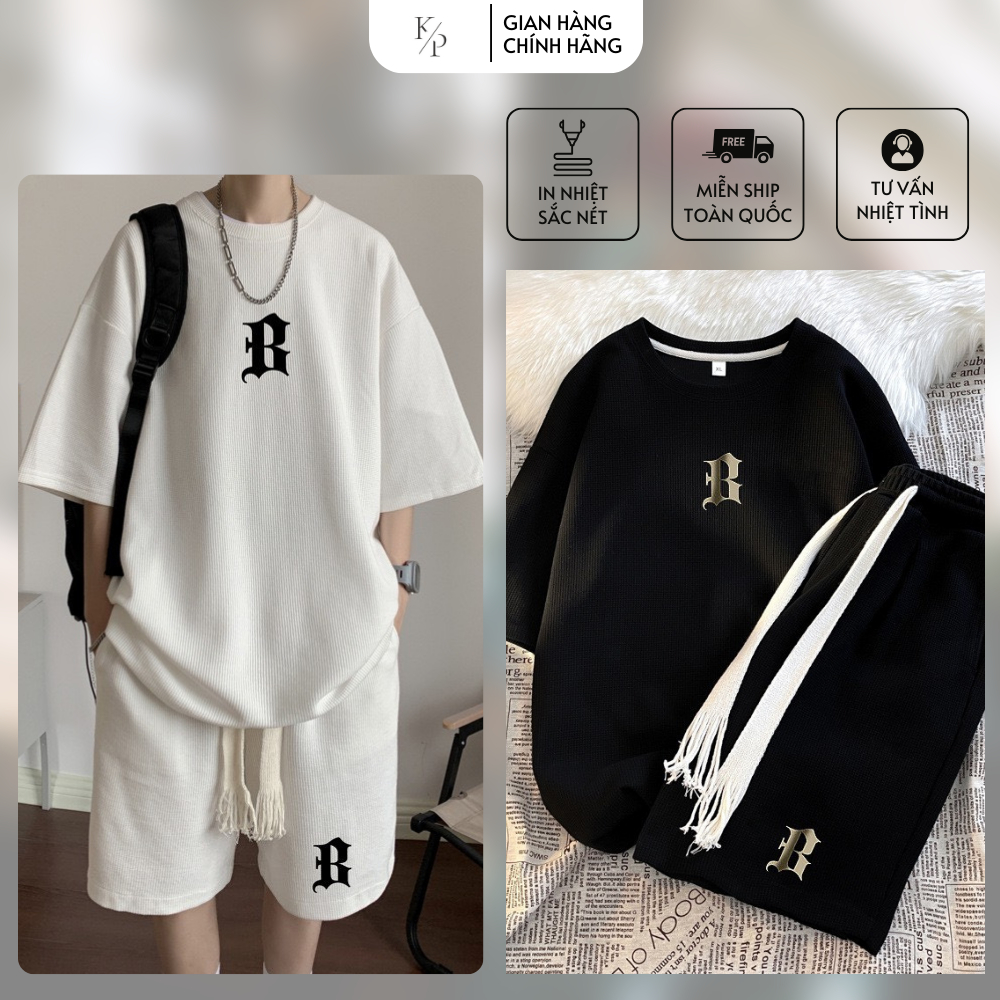 Bộ Quần Áo Thêu Họa Tiết chữ B Thể Thao Cộc Tay, Set Quần Áo Nam Phong Cách Hàn Quốc