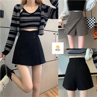 Quần nữ short đùi nữ giả váy lưng cao ống rộng phối nút siêu xinh nữ