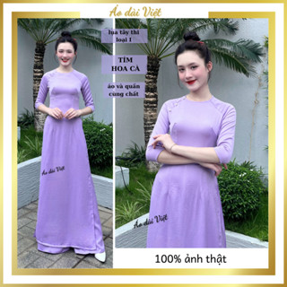  Áo dài màu tím hoa cà nhạt cổ tròn đính hạt lụa tây thi cao cấp truyền thống may sẵn giáo viên - Áo dài Việt 