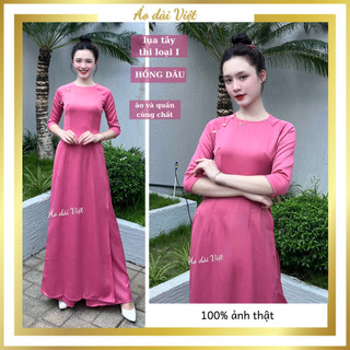 Áo dài màu hồng dâu cổ tròn tay lỡ đính ngọc lụa tây thi cao cấp truyền thống may sẵn giáo viên - Áo dài Việt