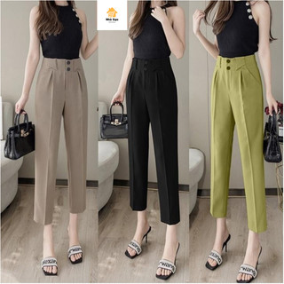 Quần tây nữ, baggy nữ lưng cao cạp to 6cm đính 2 cúc xinh xinh