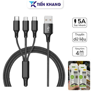 Dây sạc 3 đầu sạc nhanh công suất 5A có hỗ trợ truyền dữ liệu 480MB/s, Cáp sạc 3 đầu kết nối Usb dây dù dài 1m2