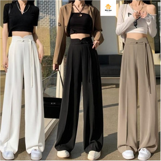 Quần ống rộng nữ ,lưng cao thun sau dáng suông dây kéo dấu bên hông phối dây nơ dễ thương