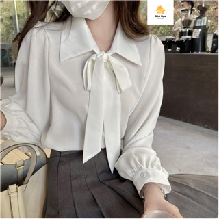 Áo trắng sơ mi nữ. thắt nơ dài tay thiết kế form rộng vai phồng siêu HOT
