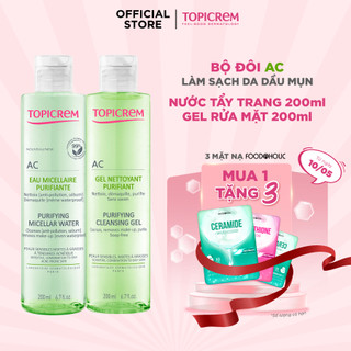 Combo Tẩy trang Topicrem AC Purifying Micellar Water 200ml và Rửa mặt Topicrem Cleansing Gel 200ml giúp làm sạch da mụn