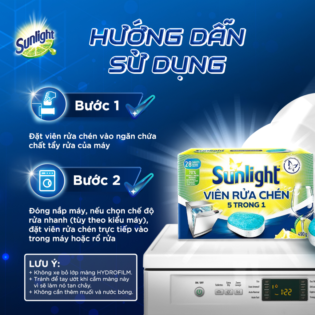 Combo 3 Hộp Viên Rửa Chén Bát SUNLIGHT 5 in 1 Cho Máy Rửa Chén Bát (28V/hộp)