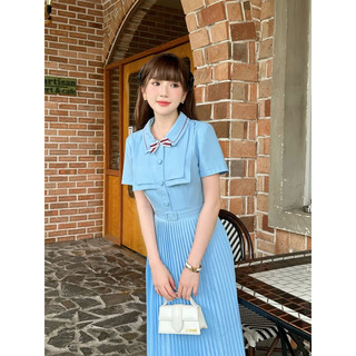 Armous- Đầm xanh chiết eo phối nơ Winnie