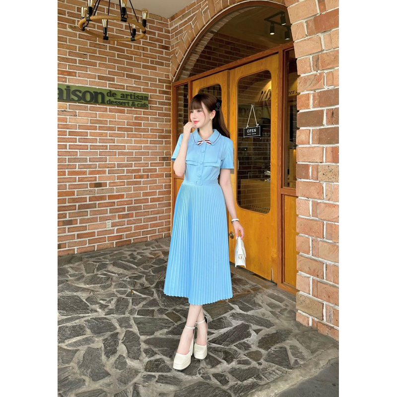 Armous- Đầm xanh chiết eo phối nơ Winnie
