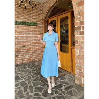 Armous- Đầm xanh chiết eo phối nơ Winnie