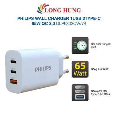 Sạc đa cổng Philips Wall Charger 1USB 2Type-C 65W QC 3.0 DLP6333CW/74 - Hàng chính hãng