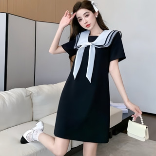 Váy suông phối cổ thuỷ thủ mặc được 2 kiểu, đầm phối nơ thuỷ thủ mặc 2 mặt trước sau phong cách tiểu thư Logastore_L134