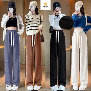 Quần ống rộng suông nữ BOM HOUSE thun tăm lạnh lưng thun cao phối dây rút siêu hach dáng