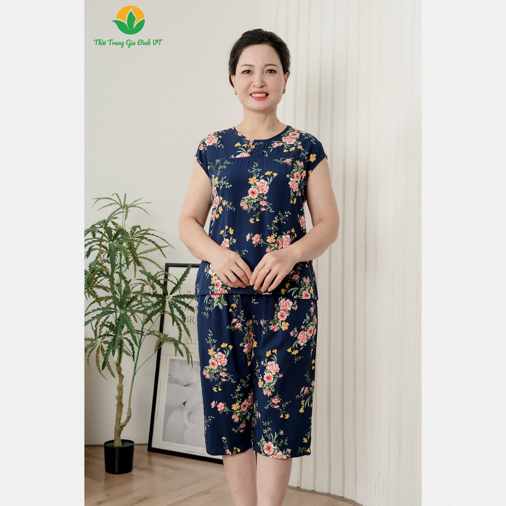 Bộ quần áo mặc nhà trung niên, quần lửng, áo cộc tay, chất lanh tole B06.2424 - thời trang Việt Thắng
