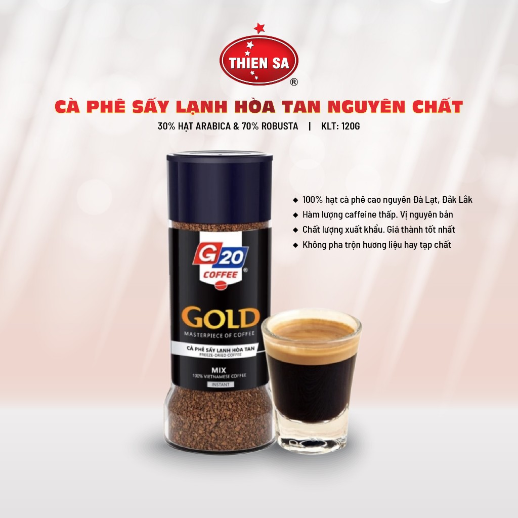 Cà Phê Sấy Lạnh Hòa Tan Nguyên Chất Gold Mix 70% Arabica & 30% Robusta 120g - G20 Coffee Thiên Sa