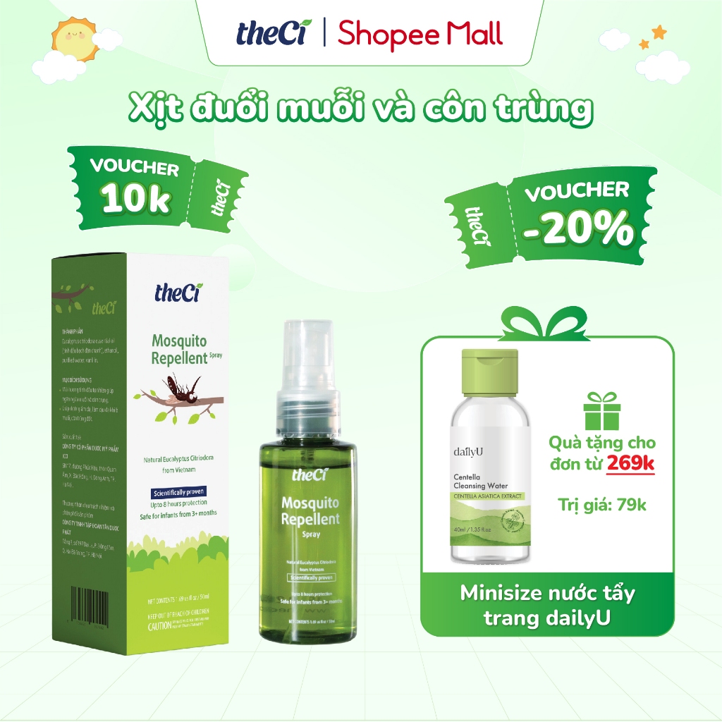 Xịt chống muỗi Theci 50ml, xịt đuổi muỗi ngăn cồn trùng, an toàn - lành tính cho trẻ nhỏ