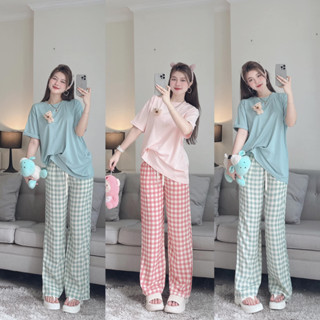 Set Đồ Nữ, Đồ Bộ Nữ Áo Cotton Quần Caro Có Bigsize Đến 90Kg Màu Xanh, Hồng D28